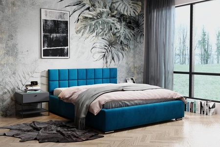Łóżko tapicerowane Nessa 160x200 niebieskie stylowe łóżko z pojemnikiem na pościel wygodny zagłówek zachwyca eleganckim designem