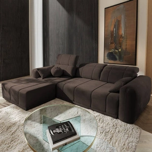 Narożnik z funkcją spania Cetara brązowy lewostronny stylowy design komfortowe przesuwane oparcia regulowane zagłówki