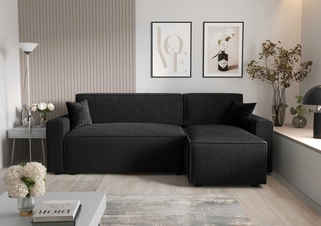 Narożnik z funkcją spania Brandon Bis czarny prawostronny trójwymiarowa tkanina o wyrazistych prążkach pojemnik na pościel