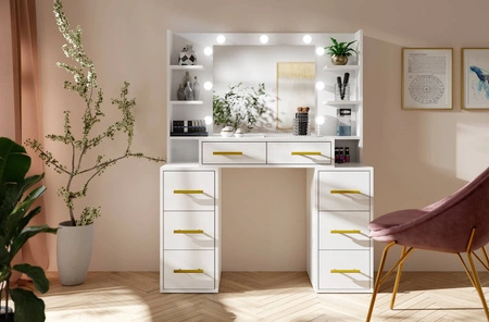 Toaletka Adel 110 cm biała z oświetleniem LED toaletka z lustrem w stylu glamour pojemne szuflady metalowe uchwyty