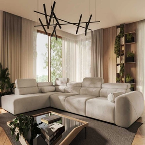 Narożnik z funkcją spania Cantare XI beżowy lewostronny funkcjonalny i komfortowy narożnik o nowoczesnym designie pluszowa tkanina