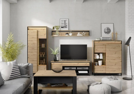 Zestaw mebli Quant dąb artisan / czarny nowoczesny design meblościanki do salonu oświetlenie LED trójwymiarowy charakter frontów 