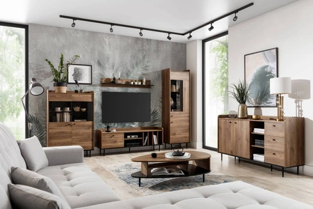 Witryna szeroka Apallo 90 cm dąb brandy castello oryginalna bryła osadzona na metalowych nogach elementy z bezpiecznego szkła hartowanego