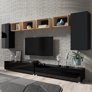 Meblościanka Apulia XXXV czarny połysk / dąb artisan wyjątkowo stylowa meblościanka proste bryły wpisujące się w każde wnętrze