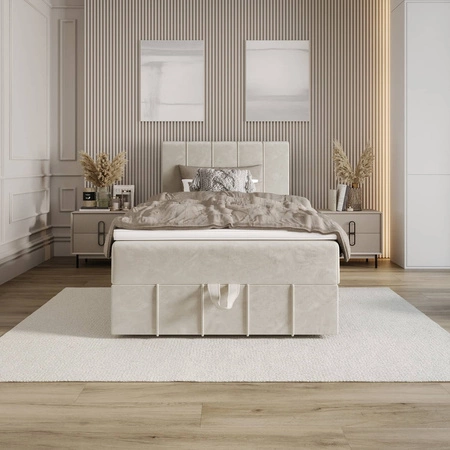 Łóżko kontynentalne Casey 90x200 beżowe w nowoczesnym skandynawskim stylu z tapicerowanym zagłówkiem łóżko z pojemnikiem