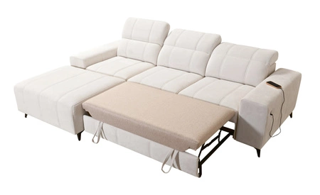 Narożnik z funkcją spania Penejos ciemny beżowy lewostronny elegancki narożnik z pojemnikiem na pościel regulowane zagłówki