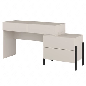 Biurko z komodą Jukon S 143 cm beżowe elegancka forma mebla w nowoczesnym stylu system otwierania push to open metalowe czarne nogi