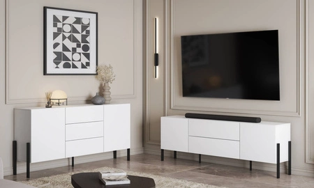 Szafka RTV Jukon 204 cm biała elegancka forma szafki z szufladami w nowoczesnym stylu system otwierania push to open metalowe czarne nogi