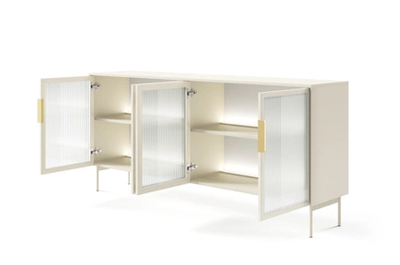 Komoda Lumi 181 cm beżowa nowoczesna komoda o prostym kształcie oryginalne fronty z hartowaną szybą ornamentową metalowe uchwyty