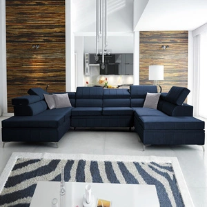 Narożnik z funkcją spania Rava VIII granatowy lewostronny elegancki design gustowna bryła z gwarancją komfortu miękka tkanina