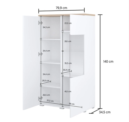 Witryna niska Modo 80 cm biała / dąb mauvella elegancka witryna prosta bryła idealna do każdego wnętrza elementy z bezpiecznego szkła hartowanego
