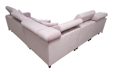 Narożnik z funkcją spania Nausa IV czarny lewostronny velvet dekoracyjne przeszycia na siedzisku narożnik z pojemnikami na pościel