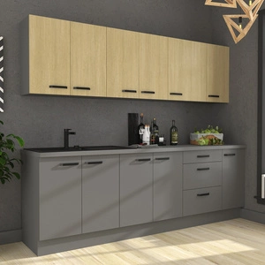 Zestaw mebli kuchennych Chevron / Verdi 260 cm szafki kuchenne z subtelnym wzorem jodełki na frontach czarne metalowe uchwyty