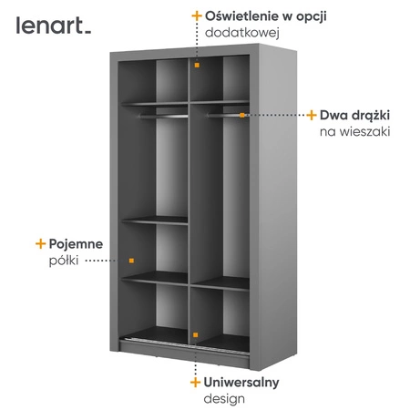 Szafa przesuwna z lustrem Arti 120 cm szara pojemna szafa do przedpokoju drzwi szafy wykończone lustrami w ciekawej konfiguracji
