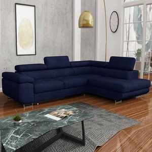 Narożnik z funkcją spania Ganta granatowy prawostronny nowoczesna tkanina welurowa gwarantuje najwyższy komfort i funkcjonalność