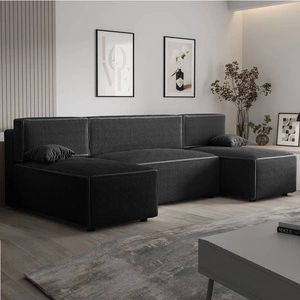 Narożnik z funkcją spania Brandon U czarny pojemnik na pościel trójwymiarowa tkanina o wyrazistych prążkach