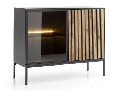 Komoda Amma 104 cm czarny / dąb wotan nietuzinkowy design ryflowane i przeszklone fronty komody z systemem push to open