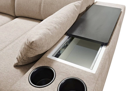 Narożnik z funkcją spania Tesalia XI zielony lewostronny nowoczesny narożnik z komfortowym przesuwanym oparciem i pojemną szufladą