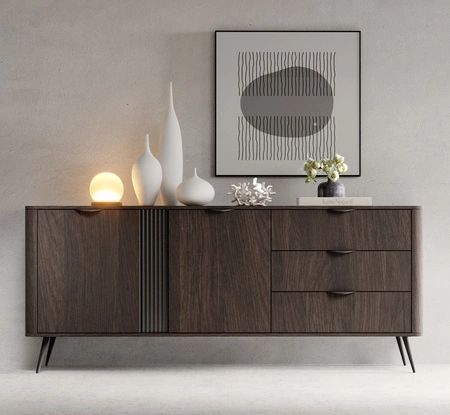 Komoda z szufladami Veris 195 cm dąb dunin / czarny nowoczesny design komody do salonu stylowe uchwyty krawędziowe modna kolorystyka