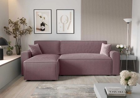 Narożnik z funkcją spania Brandon Bis wrzosowy lewostronny trójwymiarowa tkanina o wyrazistych prążkach pojemnik na pościel