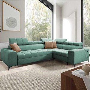 Narożnik z funkcją spania Bolmso II miętowy prawostronny narożnik z pojemnikiem na pościel szuflada z pełnym wysuwem w boczku mebla