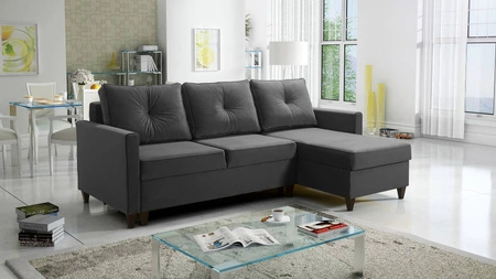 Narożnik z funkcją spania Terni grafitowy prawostronny praktyczny i funkcjonalny narożnik wyposażony w pojemne pojemniki na pościel