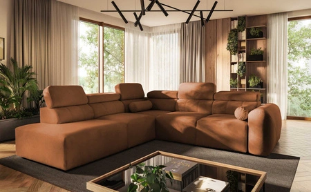 Narożnik z funkcją spania Cantare IX ceglasty lewostronny komfortowy narożnik rozkładany nowoczesny design pluszowa tkanina