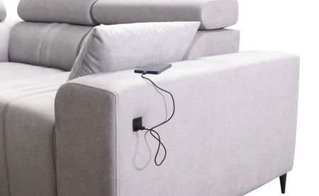 Narożnik z funkcją spania Castel III jasny brąz prawostronny narożnik z dwoma pojemnikami na pościel regulowane zagłówki