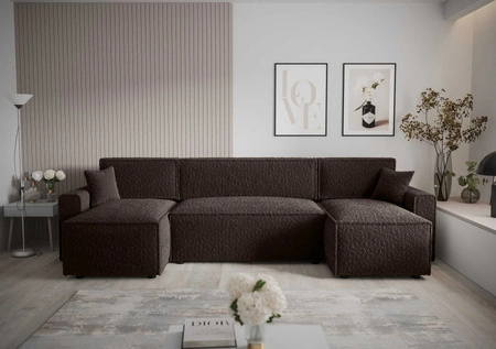 Narożnik z funkcją spania Brandon U Bis brązowy pojemnik na pościel podłokietniki tkanina o charakterystycznej pętelkowej powierzchni