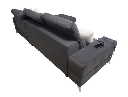 Narożnik z funkcją spania Elgin grafitowy / biały prawostronny narożnik z regulowanymi zagłówkami praktyczne szuflady w boczkach mebla