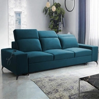 Sofa z funkcją spania Kelly turkusowa stylowa sofa do salonu o prostym designie regulowane zagłówki welurowa tkanina
