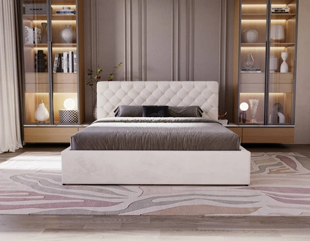 Łóżko tapicerowane Ombo 160x200 beżowe stylowe łóżko z pojemnikiem na pościel wygodny zagłówek zachwyca eleganckim designem