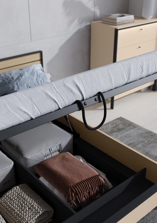 Łóżko Enna 180x200 cm beżowy / czarny / dąb natura wygodne łóżko z pojemnikiem na pościel wysoki zagłówek z oświetleniem LED