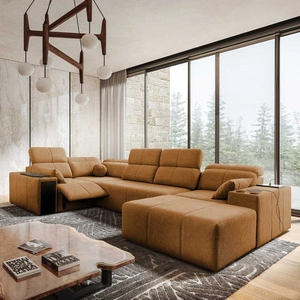 Narożnik z funkcją spania Tesalia IV Lux miodowy prawostronny stylowy narożnik z wysuwanym podnóżkiem oraz funkcją przesuwanego oparcia