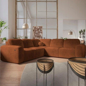 Narożnik z funkcją spania Arbon III ceglasty lewostronny wyjątkowo stylowy narożnik z pojemnikiem na pościel unikalny obły kształt