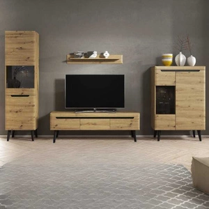 Meblościanka Atka dąb artisan / czarny nowoczesny design obrzeża wykończone specjalną okleiną bezpieczne szkło hartowane