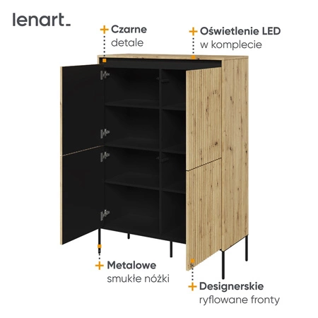 Komoda wysoka Trend 98 cm dąb artisan elegancka i stylowa komoda o wyjątkowym charakterze ryflowane fronty z oświetleniem LED