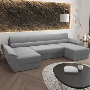 Narożnik z funkcją spania Fogu U III szary popiel stylowy narożnik z podłokietnikami i pojemnikiem na pościel sztruksowa tkanina