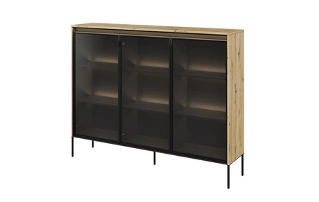 Komoda Trend 150 cm dąb artisan designerski przeszklony front klimatyczne oświetlenie w postaci paska led pod górnym blatem