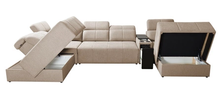 Narożnik z funkcją spania Tesalia V beżowy prawostronny komfortowy narożnik z szufladą oraz funkcją przesuwanego oparcia