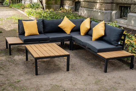 Zestaw mebli ogrodowych Massimo czarny stylowy design narożnik z poduszkami metalowa konstrukcja blat stolika wykończony polywood