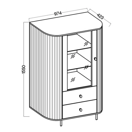 Witryna Ovalio 97 cm beżowa stylowy design bezpieczne szkło hartowane witryna o owalnym kształcie z dekoracyjnymi frezowaniami
