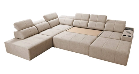 Narożnik z funkcją spania Tesalia X miodowy prawostronny nowoczesny i komfortowy narożnik z innowacyjną funkcją przesuwanego oparcia