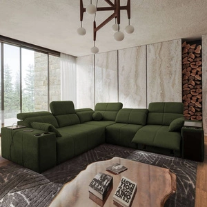 Narożnik z funkcją spania Tesalia III Lux zielony prawostronny komfortowy narożnik z wysuwanym podnóżkiem funkcja przesuwanego oparcia
