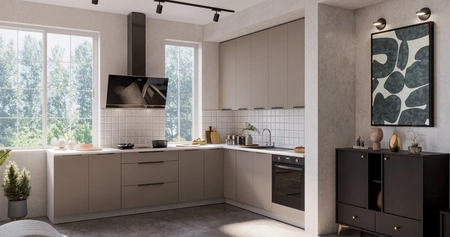 Zestaw mebli kuchennych narożny Fiuggi Wh 290x230 cm stylowe szafki kuchenne z frontami wykonanymi w technologii anti fingerprint