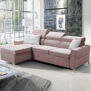 Narożnik z funkcją spania Rava lawendowy róż lewostronny velvet komfortowy i funkcjonalny narożnik z regulowanymi zagłówkami