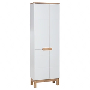 Słupek łazienkowy Bali 60 cm biały połysk / dąb wotan pojemna szafka stojąca ze schowkiem na m i półkami frezowane uchwytyopa