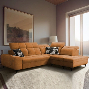 Narożnik z funkcją spania Buffalo VII miodowy prawostronny stylowy narożnik rozkładany z pojemnikami na pościel welurowa tkanina