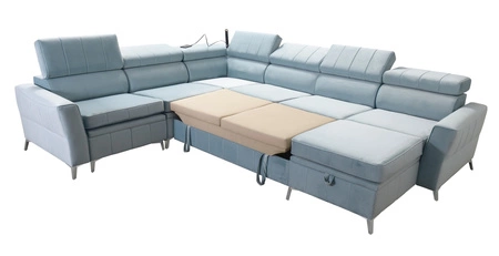 Narożnik z funkcją spania Rava VII błękitny prawostronny praktyczny i nowoczesny narożnik do salonu z regulowanymi zagłówkami