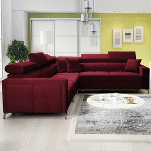 Narożnik z funkcją spania Nausa IV bordowy lewostronny velvet dekoracyjne przeszycia na siedzisku narożnik z pojemnikami na pościel